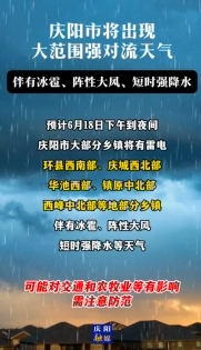 慶陽(yáng)市將出現(xiàn)大范圍強(qiáng)對(duì)流天氣，伴有冰雹、陣性大風(fēng)、短時(shí)強(qiáng)降水